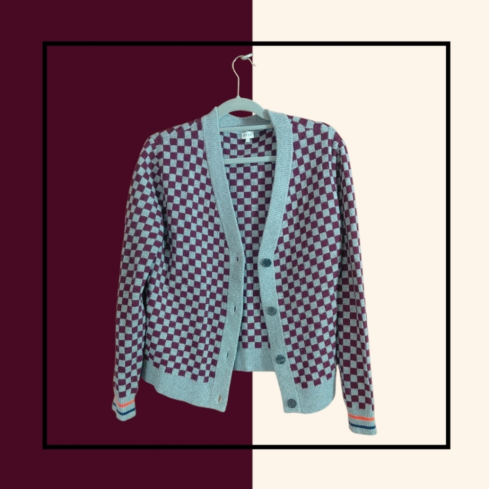 Kule Knite Checkered Heather Wine Cardigan Sweater - Picture 6 of 6